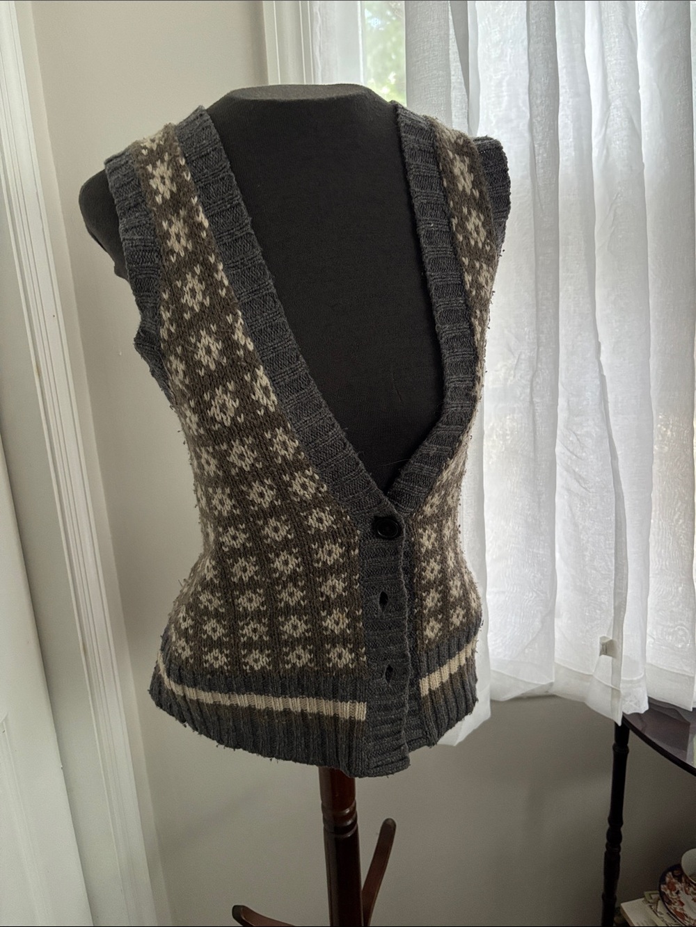 Banana Republic Gray and Cream V-Neck Button Sweater Vest